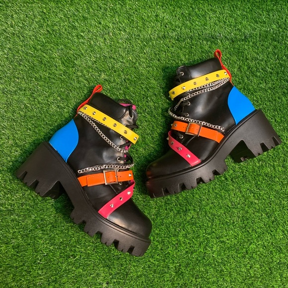 Platform Combat Boots with Multicolor Straps - Picture 1 of 12